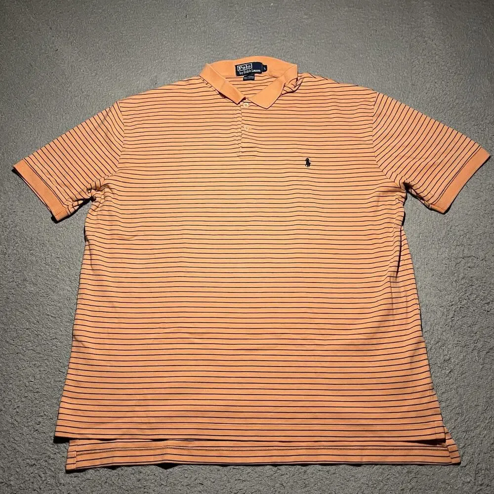 Polo Ralph Lauren Short Sleeve Polo Shirt Mens Large Peach Cotton Stripe Logo